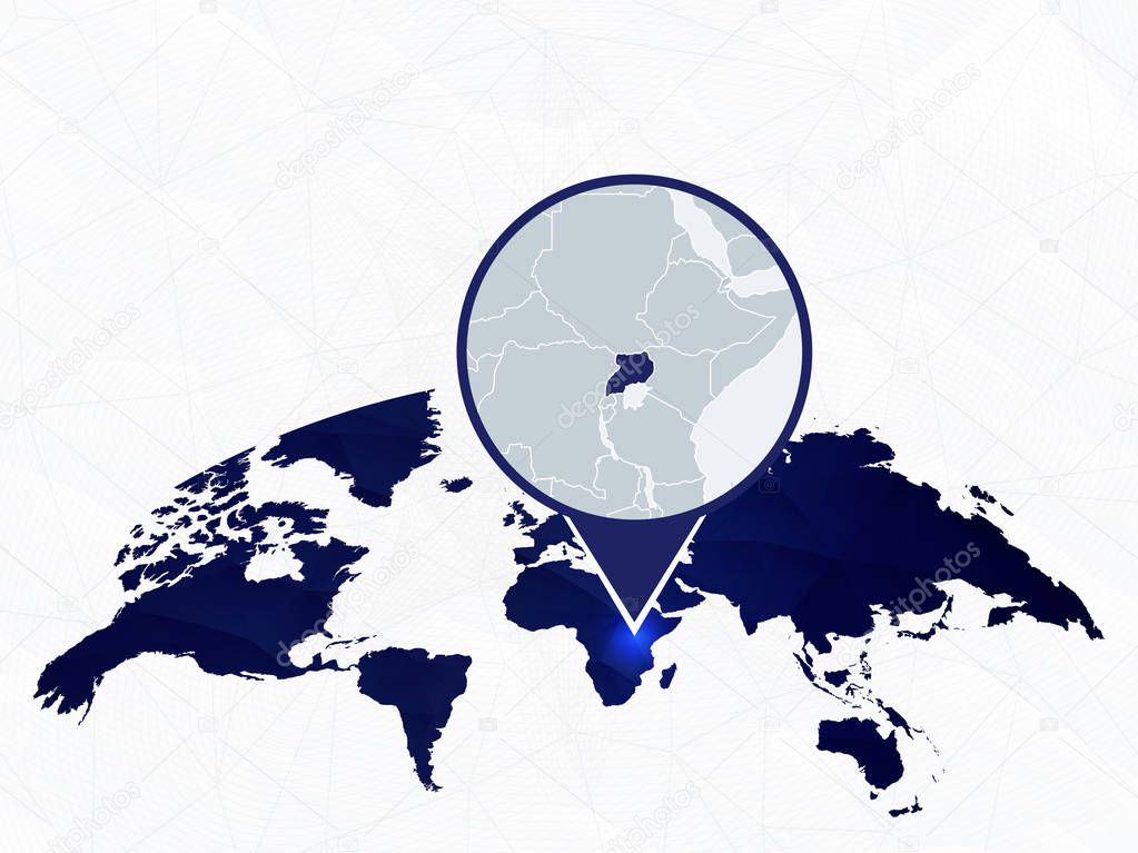 Uganda detailed map highlighted on blue rounded World Map. 