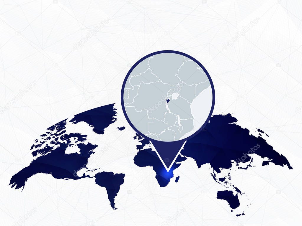 Burundi detailed map highlighted on blue rounded World Map. 