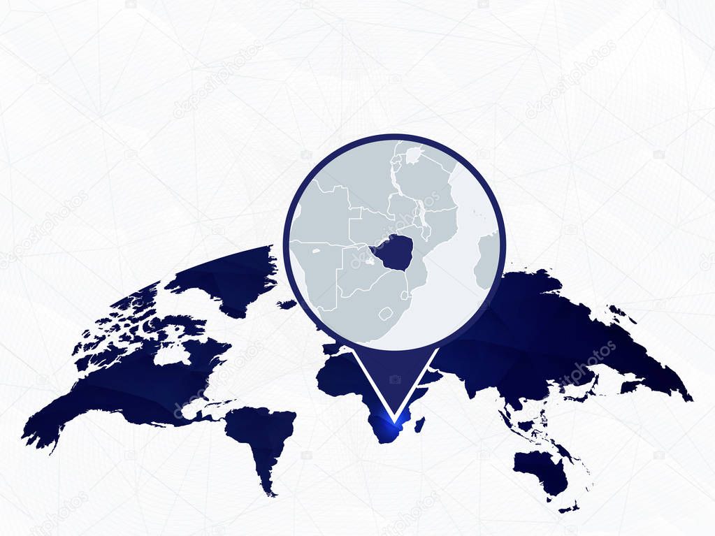Zimbabwe detailed map highlighted on blue rounded World Map. 