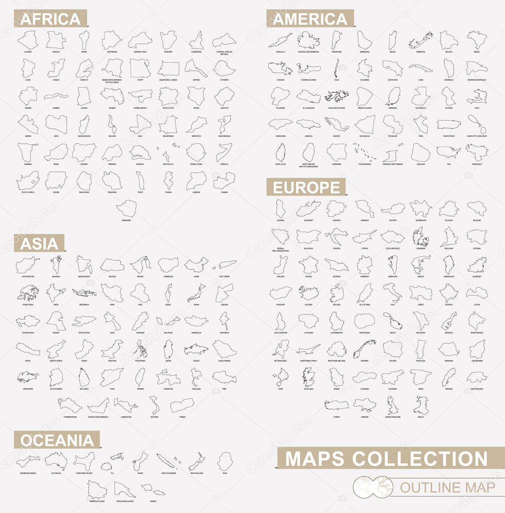 Outline maps collection, black lined vector map. 