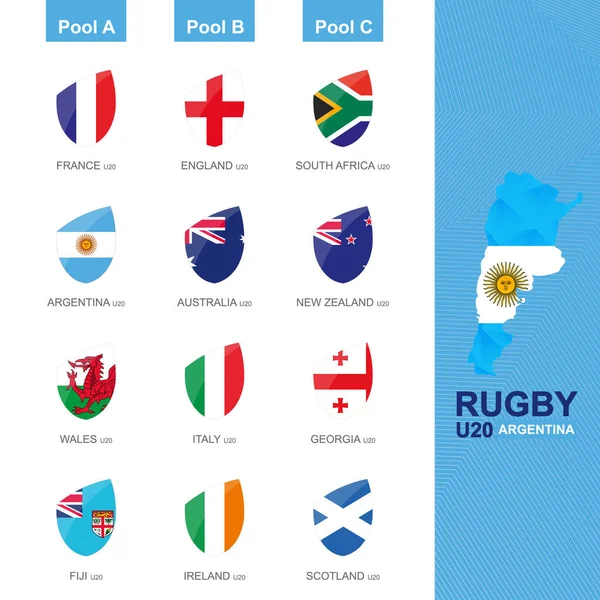 Banderas en estilo rugby, conjunto de iconos de rugby . — Vector de stock