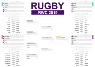 Beyaz arka planda rugby turnuva programı. Tüm katılımcıların bayrakları.