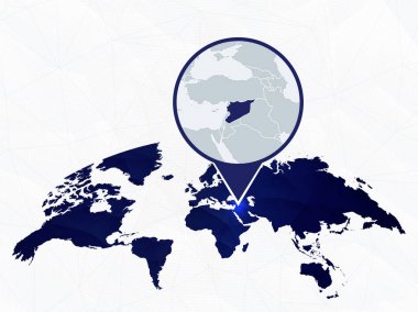Suriye detaylı harita mavi yuvarlak Dünya Haritası üzerinde vurgulanır. 