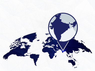 Hindistan ayrıntılı harita mavi yuvarlak Dünya Haritası üzerinde vurgulanır. 