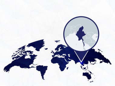 Myanmar detaylı harita mavi yuvarlak Dünya Haritası üzerinde vurgulanır. 