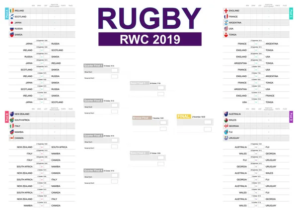 Harmonogram turnieju rugby na białym tle. Flagi wszystkich uczestników. — Wektor stockowy