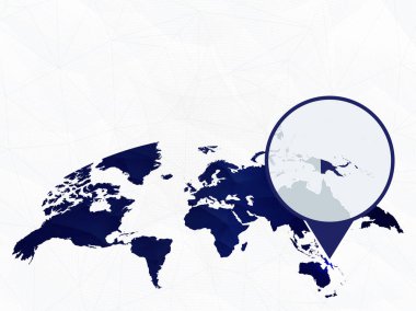 Papua Yeni Gine detaylı harita mavi yuvarlak Dünya Haritası üzerinde vurgulanır.  