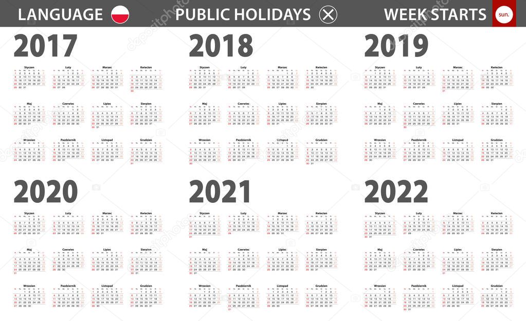 2017-2022 year calendar in Polish language, week starts from Sunday
