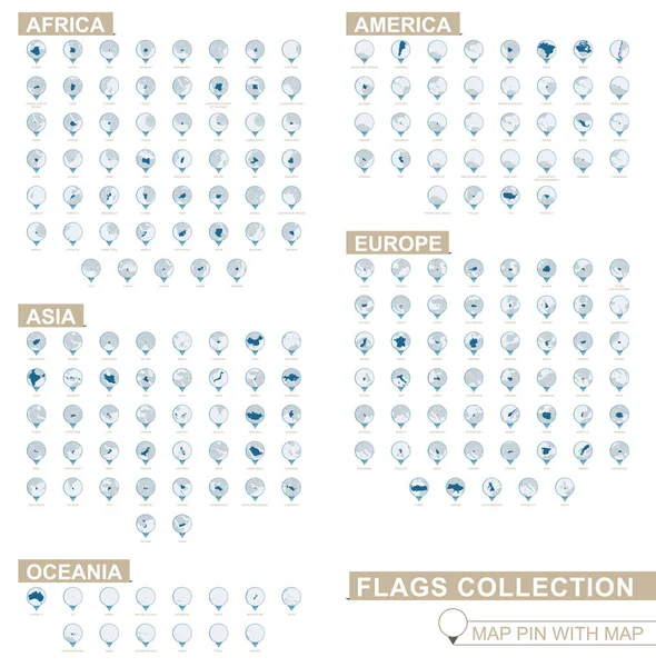 World χώρες λεπτομερή συλλογή χάρτη, μπλε καρφίτσα χάρτη με χάρτη της χώρας. — Διανυσματικό Αρχείο