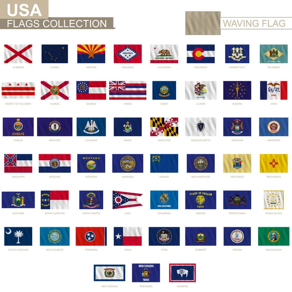 Bandeiras estaduais dos Estados Unidos da América com efeito ondulante, proporção oficial — Vetor de Stock