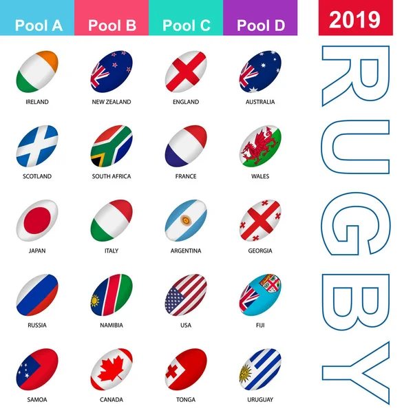 Banderas de las naciones que participan en el Rugby 2019. 20 banderas al estilo de una pelota de rugby . — Vector de stock