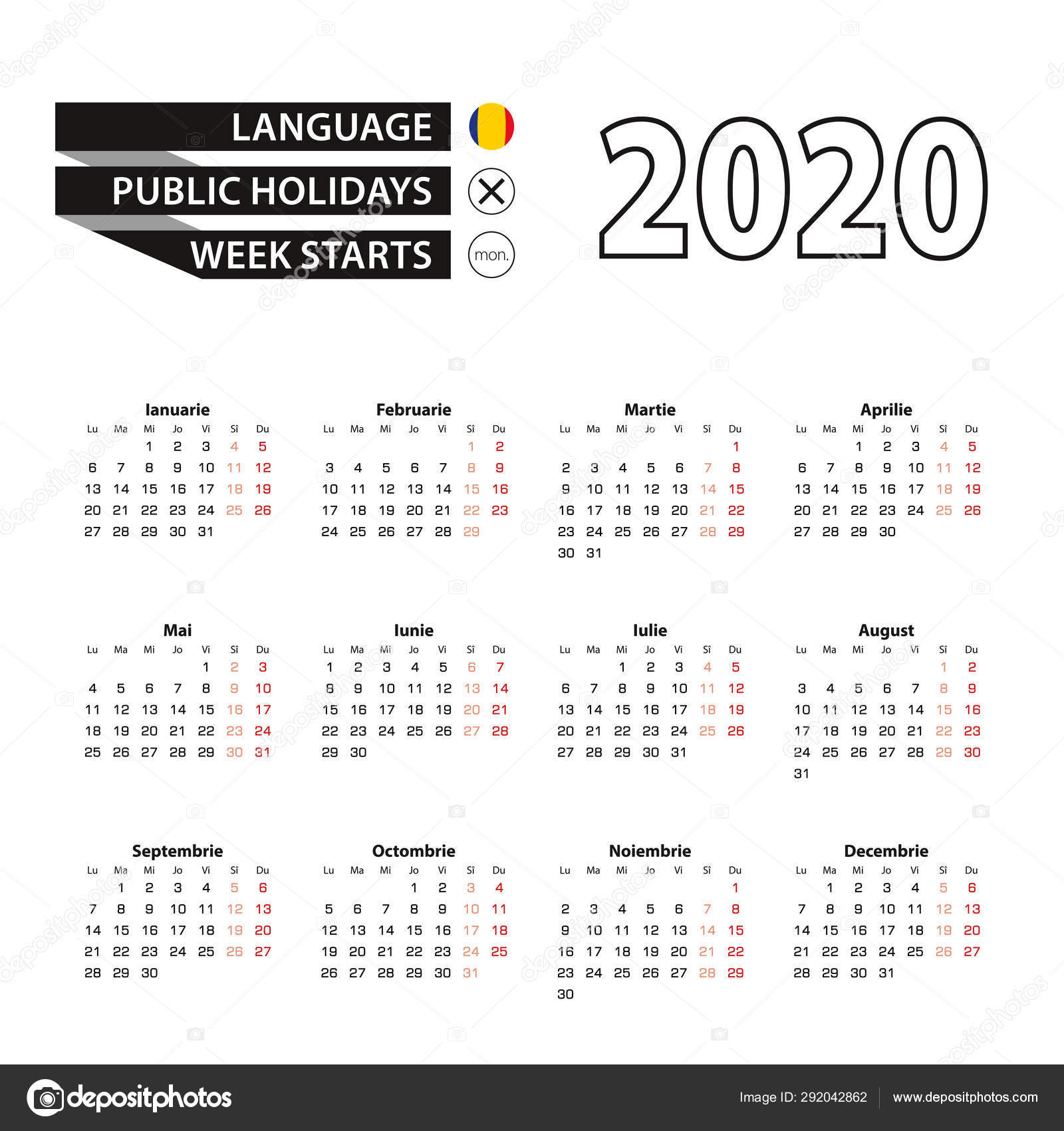 Calendar 2020 In Romanian Language Week Starts On Monday Vector Image By C Boldg Vector Stock 292042862