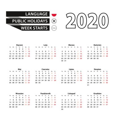 Takvim 2020 Lehçe dilinde, hafta Pazartesi günü başlar.
