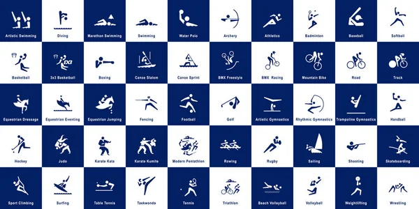 Mavi ve beyaz arka planda 50 spor piktogram koleksiyonu. 