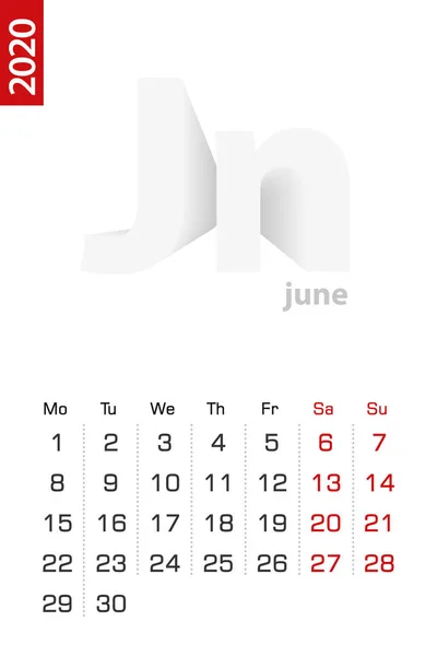 Минималистский календарь на июнь 2020 года, векторный календарь на английском языке — стоковый вектор