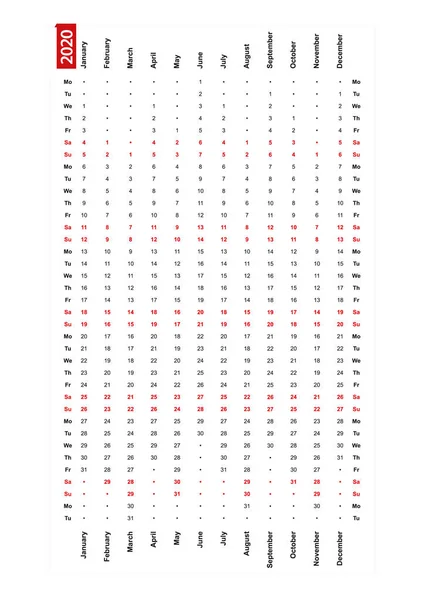 Eén rij verticale kalender 2020, maandag eerste dag van de week. — Stockvector