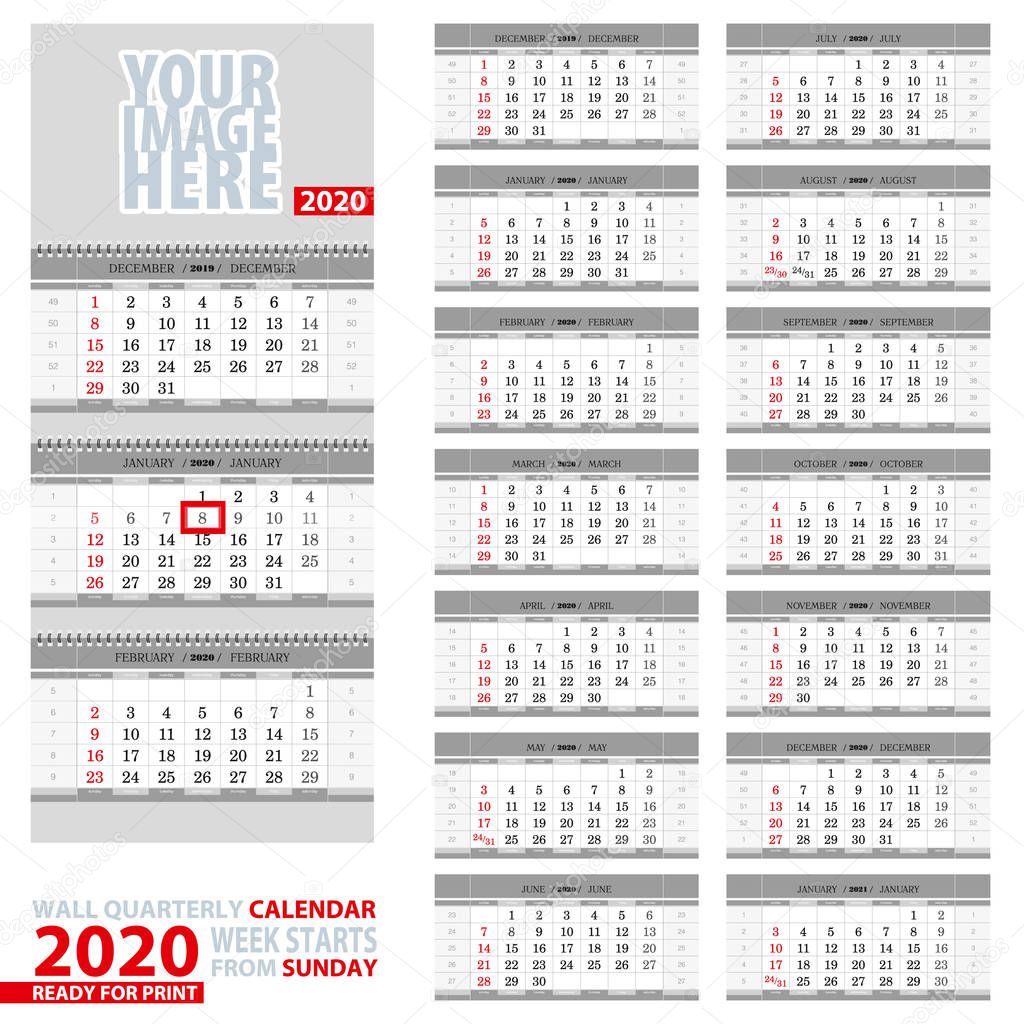 Wall quarterly calendar 2020. Week start from Sunday, ready for print