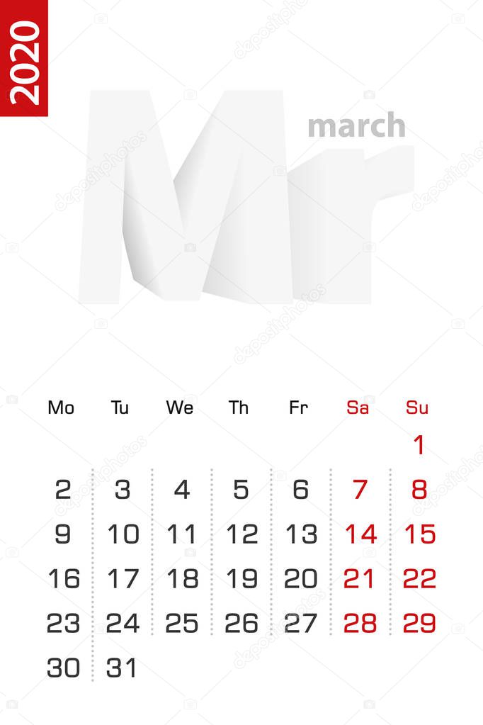 Minimalist calendar template for March 2020, vector calendar in English 