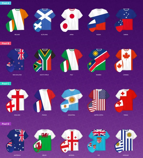 Rugby Jerseys com bandeira distribuída por piscinas de torneio de rugby — Vetor de Stock