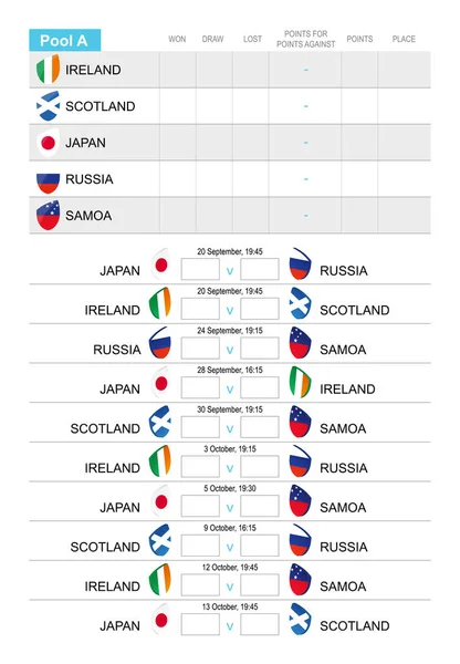 Rugby match schedule for pool A, all matches for Ireland, Scotland, Japan, Russia, Samoa. — Stock Vector