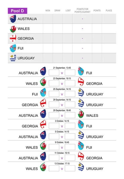 Horario del partido de Rugby para el Grupo D, todos los partidos para Australia, Gales, Georgia, Fiji, Uruguay . — Archivo Imágenes Vectoriales