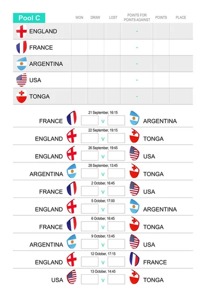 Calendario del partido de Rugby para el Grupo C, todos los partidos para Inglaterra, Francia, Argentina, Estados Unidos, Tonga . — Vector de stock