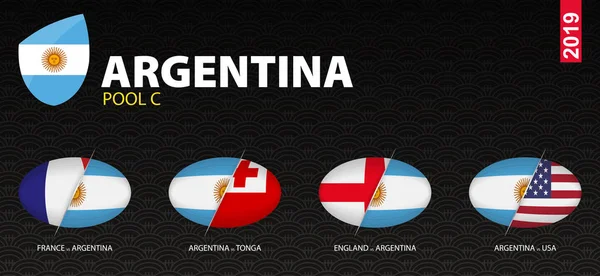 Todos los partidos del equipo de rugby argentino en el Grupo C estilizados como iconos . — Vector de stock