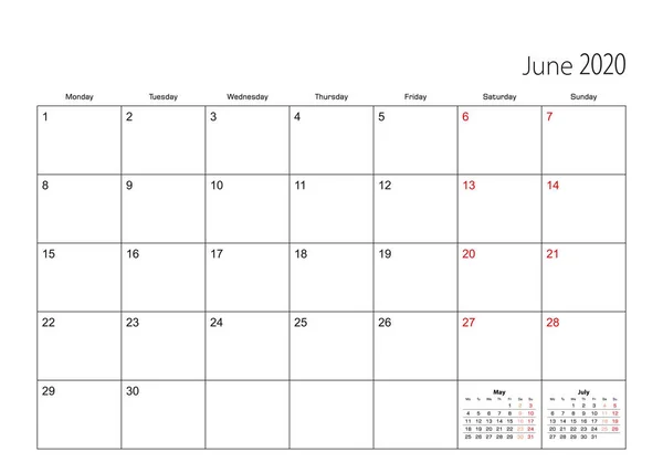 2020年6月简单日历计划，周从周一开始. — 图库矢量图片