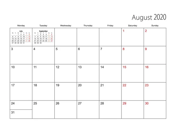 Agosto 2020 planificador de calendario simple, la semana comienza desde el lunes . — Vector de stock