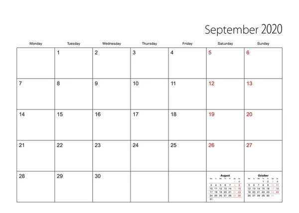 2020年9月简单日历计划，周从周一开始. — 图库矢量图片