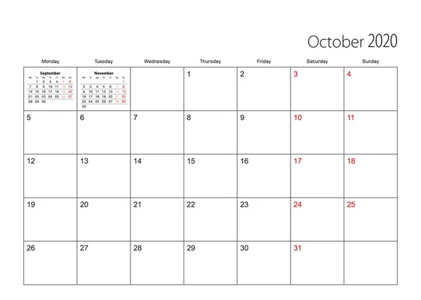 Octubre 2020 planificador de calendario simple, la semana comienza desde el lunes . — Vector de stock