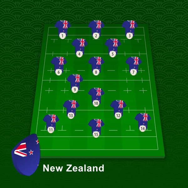 Posición del jugador de rugby de Nueva Zelanda en el campo de rugby . — Vector de stock