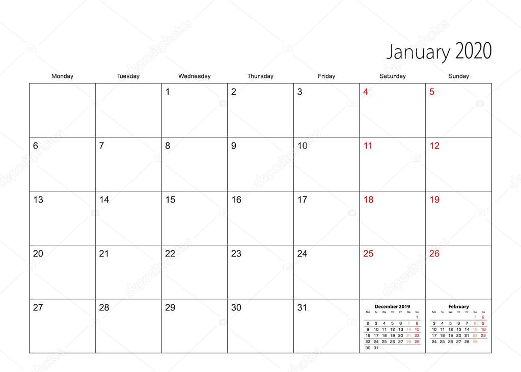 January 2020 simple calendar planner, week starts from Monday.