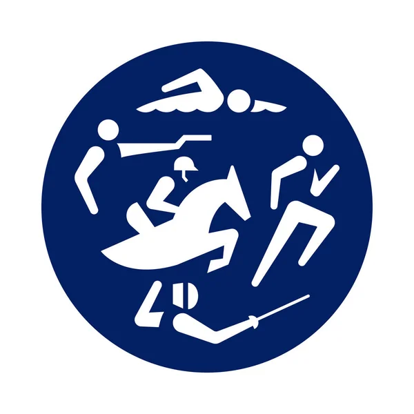 Ronde moderne Pentathlon pictogram, nieuwe sport icoon in blauwe cirkel — Stockvector