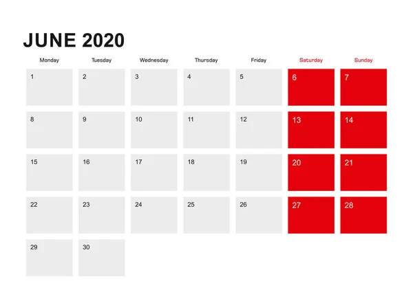 2020 juni planner kalender ontwerp. Week begint vanaf maandag. — Stockvector