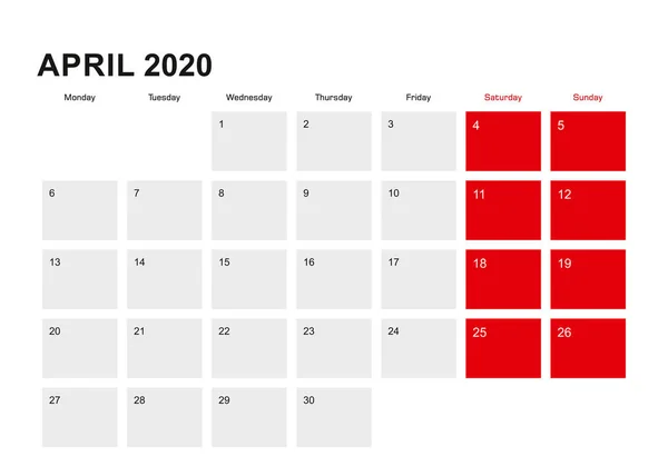 2020 Nisan planlayıcı takvim tasarımı. Hafta Pazartesi'den itibaren başlar. — Stok Vektör