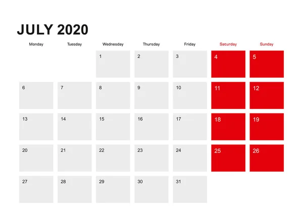 2020 7月プランナーカレンダーデザイン。週は月曜日から始まります. — ストックベクタ