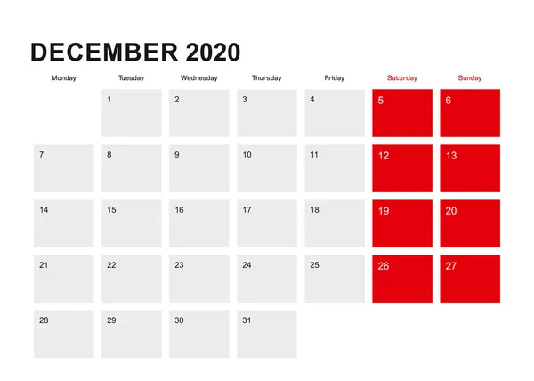 2020 december planner kalender ontwerp. Week begint vanaf maandag. — Stockvector