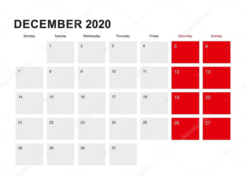 2020 December planner calendar design. Week starts from Monday.