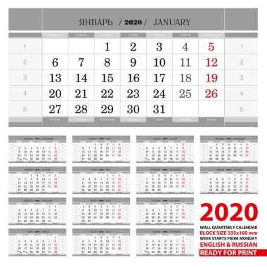 Rusça ve İngilizce dillerinde 2020 Duvar takvimi. Pazartesi'den itibaren hafta başlangıcı. 