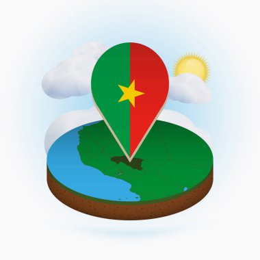 Burkina Faso'nun izometrik yuvarlak haritası ve Burkina Faso bayrağı ile nokta işareti
