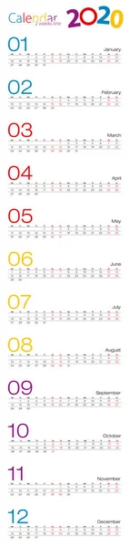 2020年カレンダー、異なるデザインのための2週間ライン. — ストックベクタ