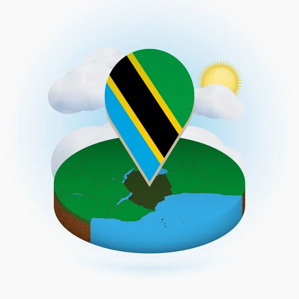 Ισομετρική κυκλικό χάρτη της Τανζανίας και σημείο σήμανσης με σημαία της Τανζανίας — Διανυσματικό Αρχείο