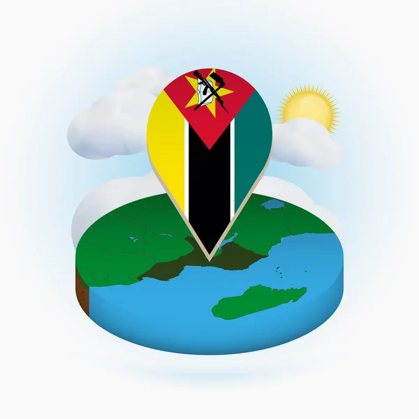 Mapa isométrico redondo de Mozambique y marcador de punto con la bandera de Mozambique — Vector de stock
