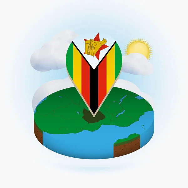 Mapa isométrico redondo de Zimbabue y marcador de punto con la bandera de Zimbabue — Archivo Imágenes Vectoriales