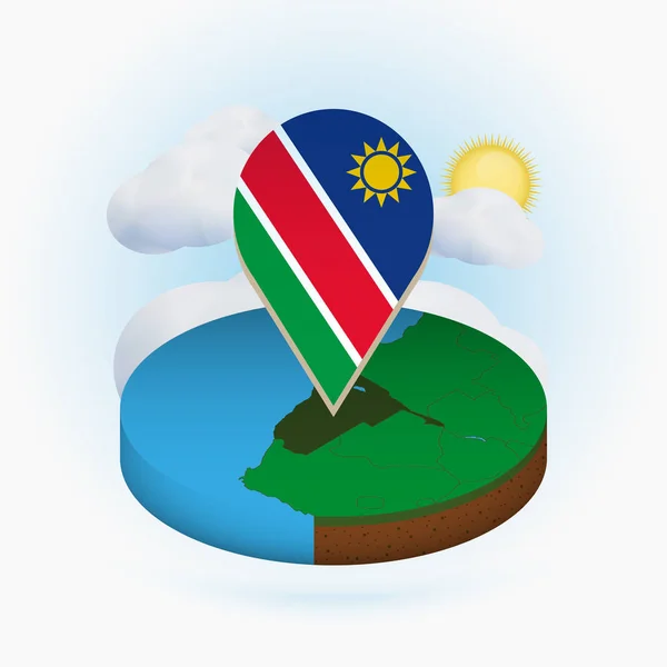 Isométrico mapa redondo de Namibia y marcador de punto con la bandera de Namibia — Archivo Imágenes Vectoriales