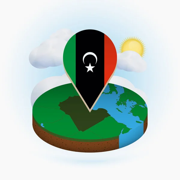 Mapa isométrico redondo de Libia y marcador de punto con la bandera de Libia — Vector de stock