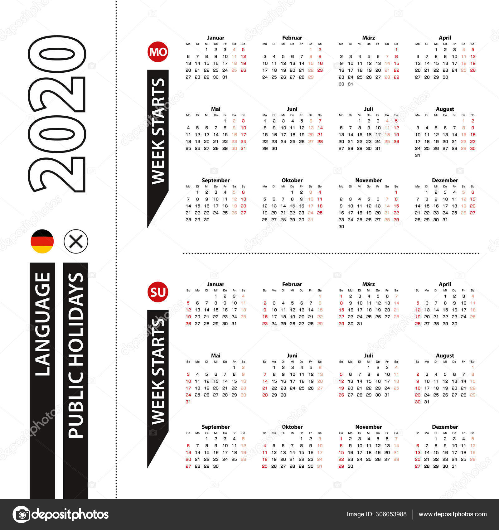Two versions of 2020 calendar in German, week starts from Monday and