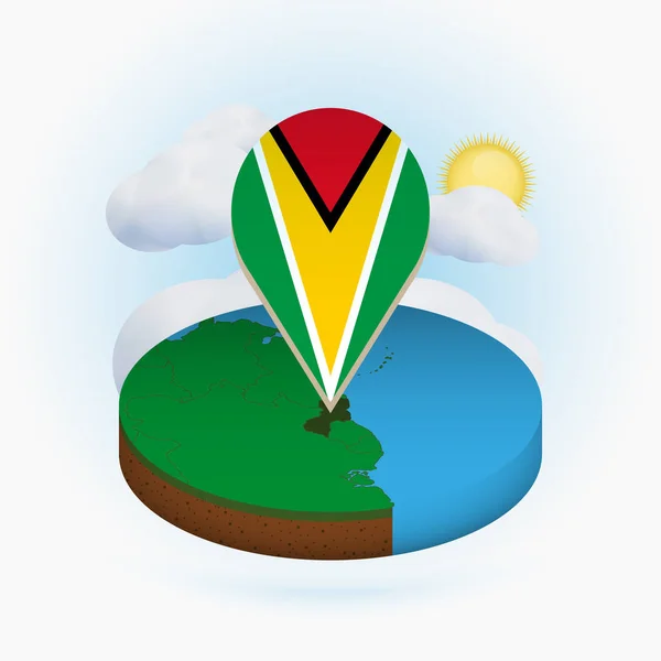 Mapa isométrico redondo de Guyana y marcador de punto con la bandera de Guyana — Vector de stock