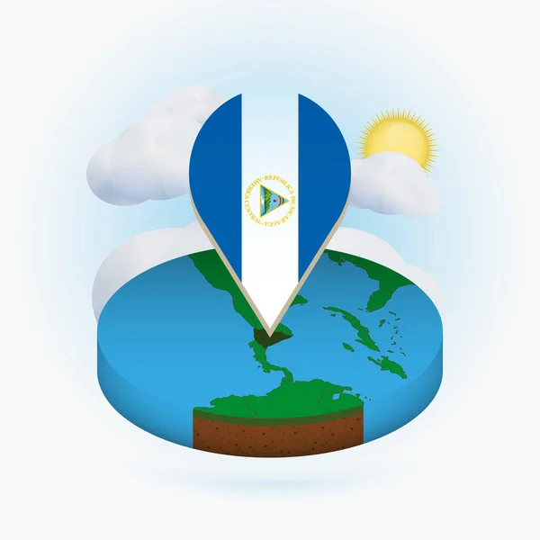 Isométrico mapa redondo de Nicaragua y marcador de punto con bandera de Nicaragua — Archivo Imágenes Vectoriales